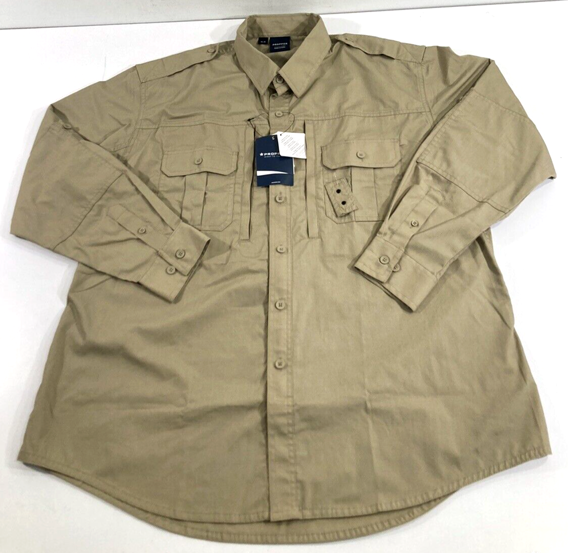 Propper F531250250 Khaki lightweight long-sleeve tactical shirt, flat-lay view