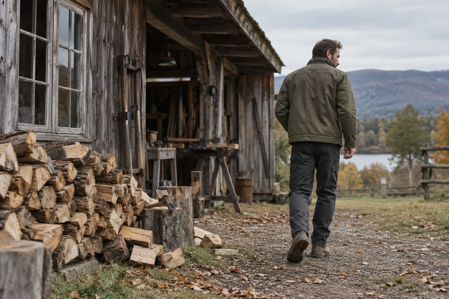 Illustrative autumn workwear scene beside a timber workshop