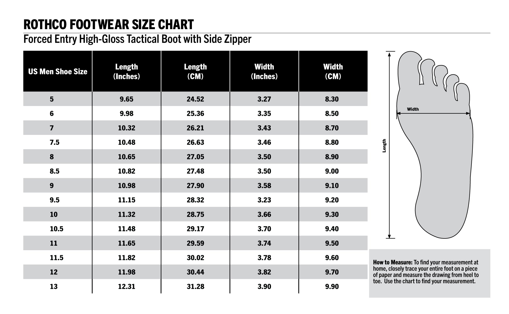 Product size chart or measurement diagram